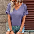 thumbnail image 3 of JUNWELL Simple Solid V-Neck Tee Women Shoulder Button Short Sleeved Tops Female Summer Casual Pullover T-Shirt, 3 of 7