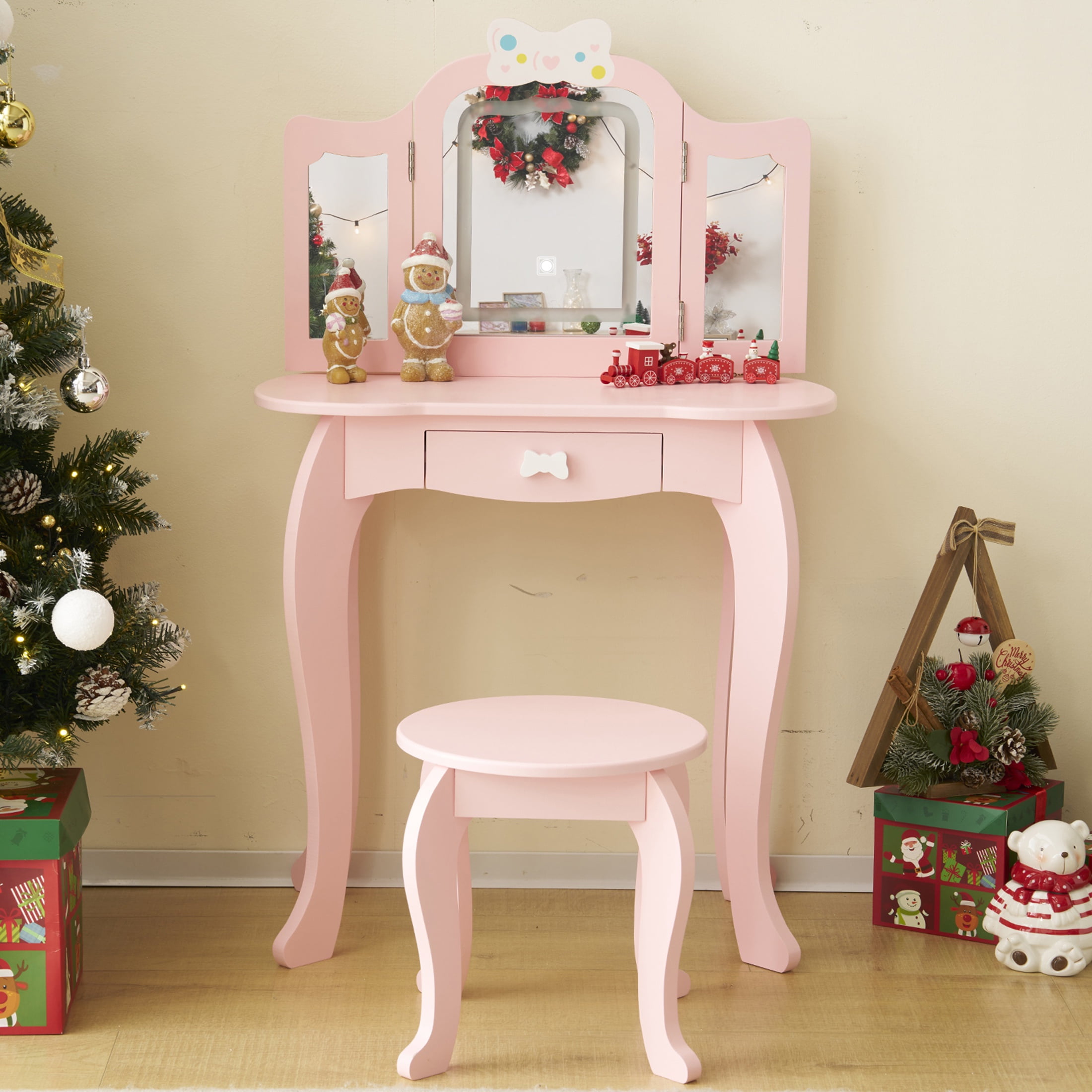 white christmas dresses Large Dressing Table Set With XL Landscape Vanity Mirror with 14 Lights and  Stool – VANITY LIVING main image 1