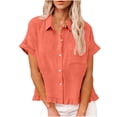thumbnail image 3 of Yeaiivve Womens Short Sleeve Buttons Up Shirts with Ruffle Trim Ladies Dressy Casual Linen Tops Comfy Lightweight Collared Business Work Blouses Orange,XL, 3 of 7