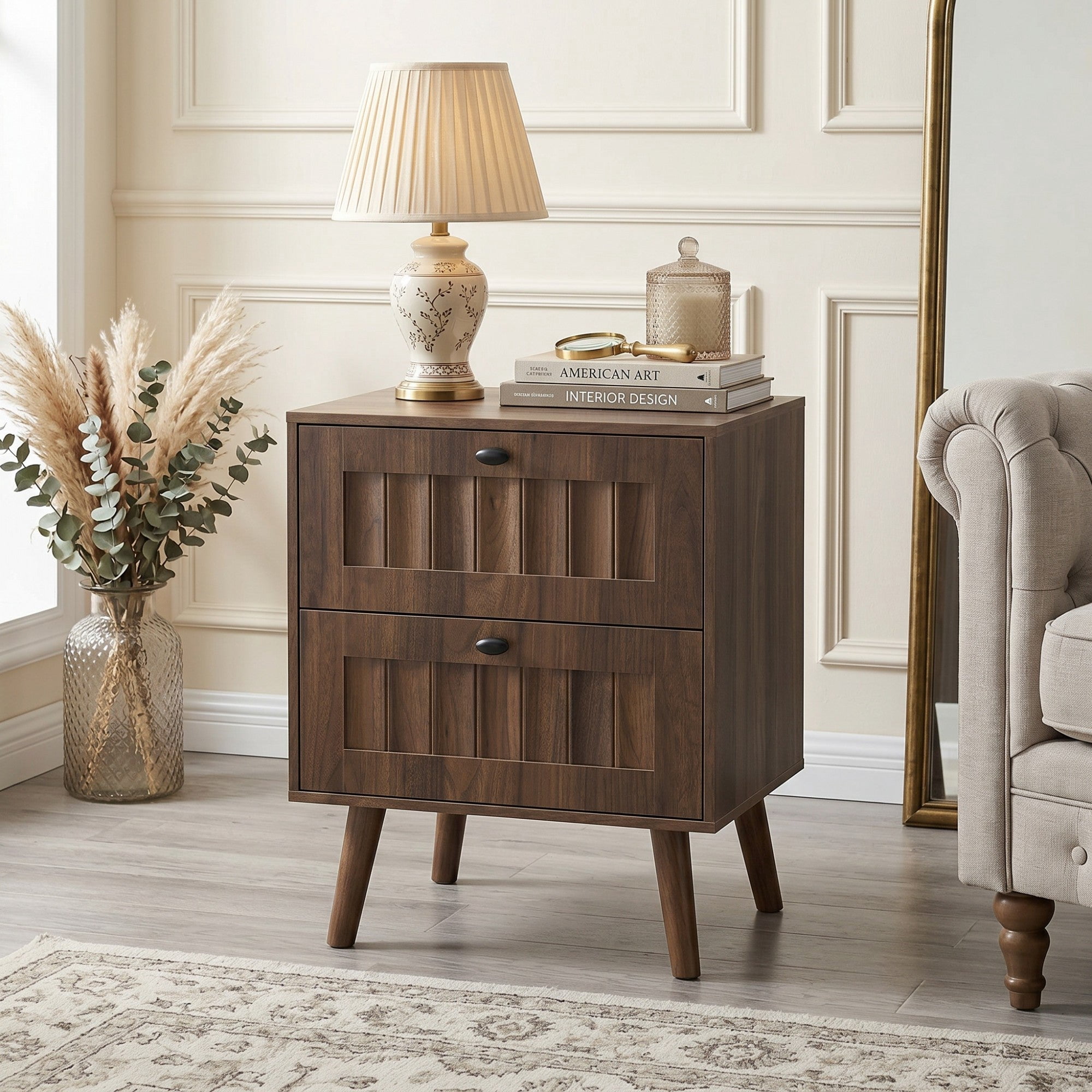 Sailvan Mid-Century Modern Double-Drawer Bedside Table 2-Pack, Walnut with Solid Wood Legs