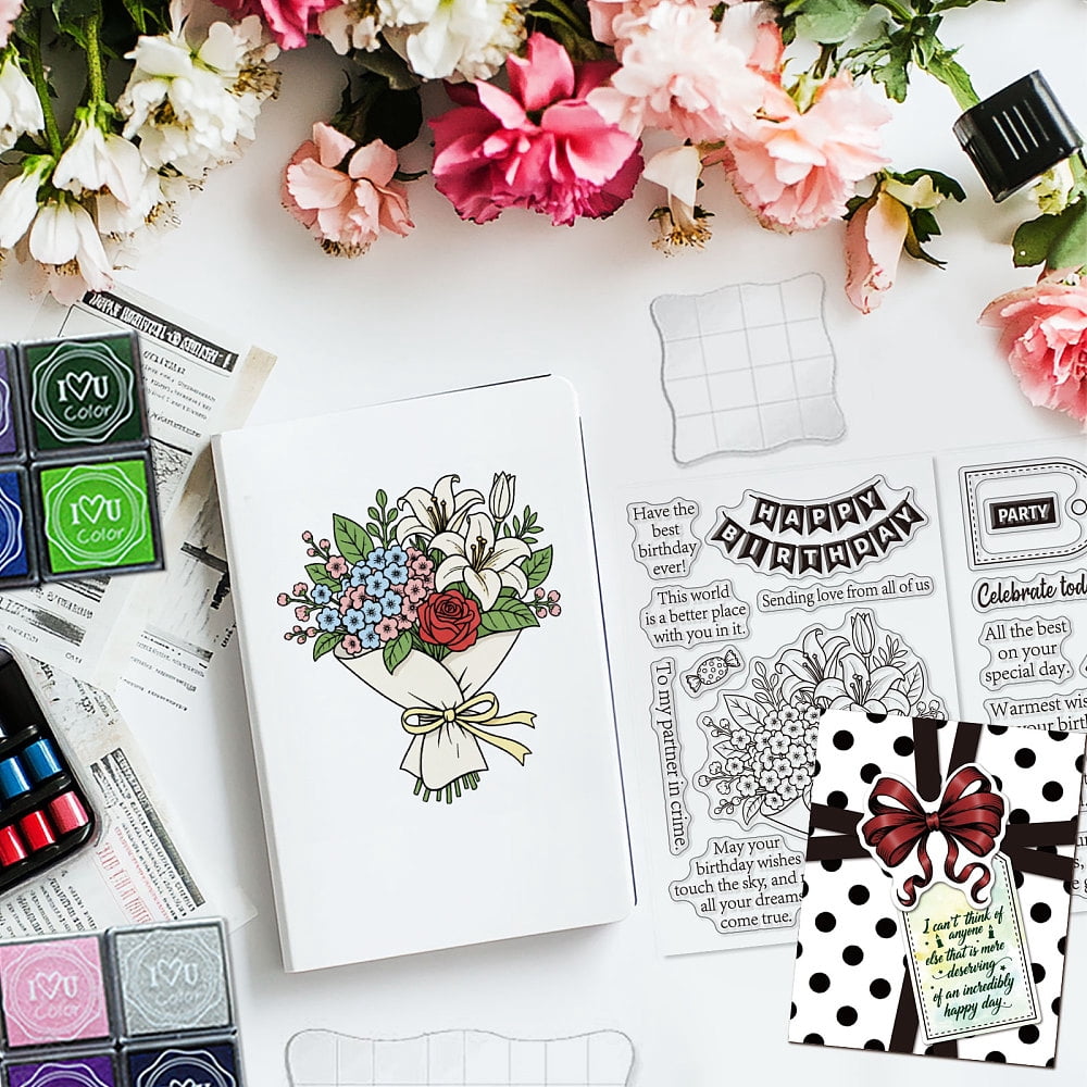 DIY Scrapbooking Stamp Kits including Acrylic Stamping Blocks Tools PVC Plastic Clear Stamp Plastic Craft Finger Ink Pad Stamps Set Mixed Shapes