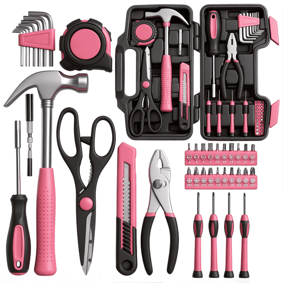 39pcs Pink Tool Kit | Includes Screwdriver, Utility Knife, Scissors, Tape Measure, Hammer, Internal Hex Wrench, Pliers | Suitable for Home, Garage, Garden, Office, College Dormitory | Ideal for Women
