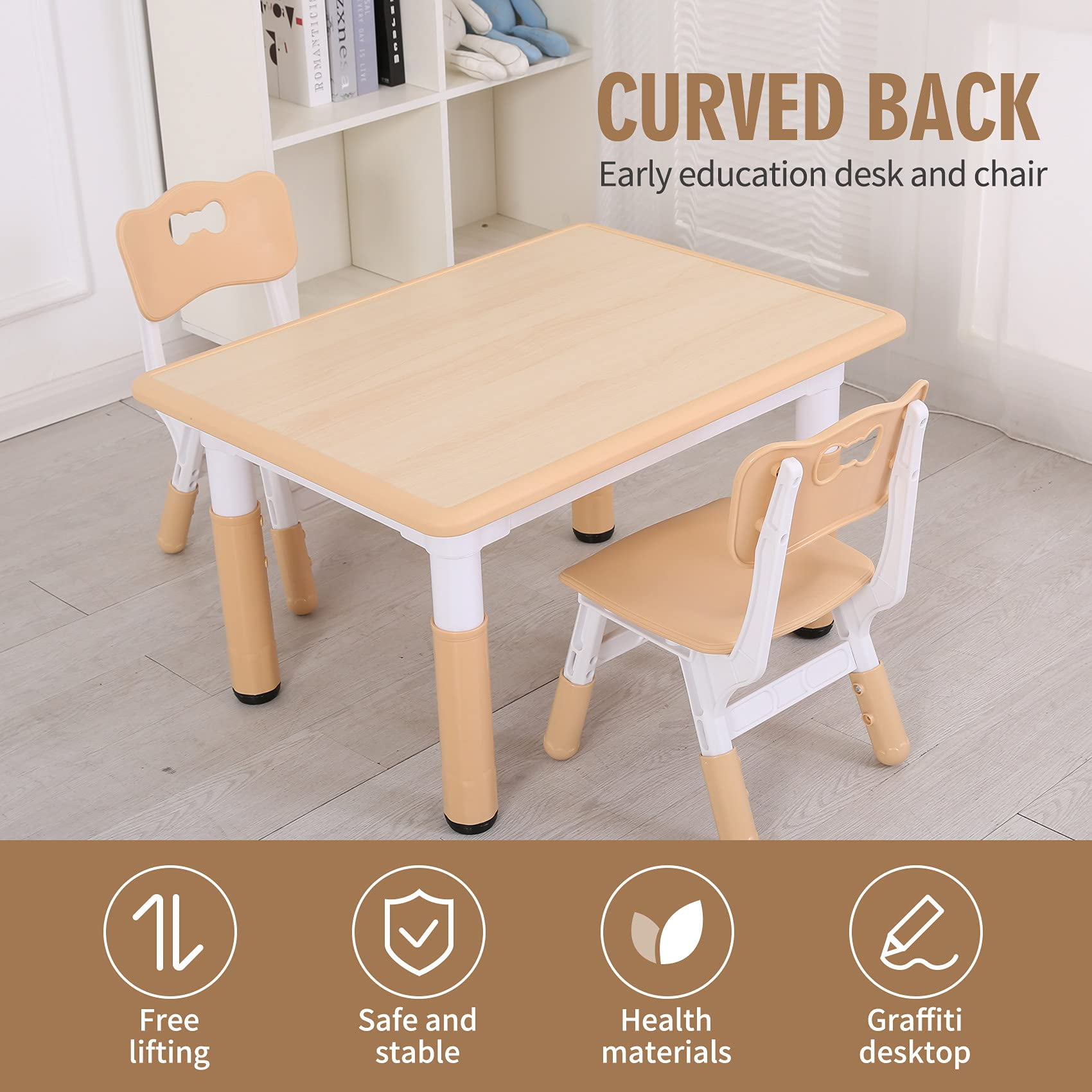 Unicoo Kids Table and Chair Set, Adjustable Height Toddler Table with 2 Chairs, Rounded Edges, Easy-to-Wipe