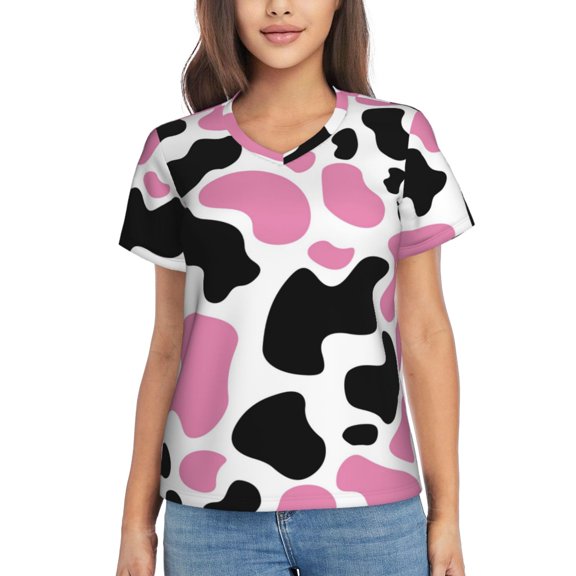 Vsdgher Cow Spots Women Shirts V Neck Short Sleeve Tops T-Shirt Basic Tees, S to 3XLSmall