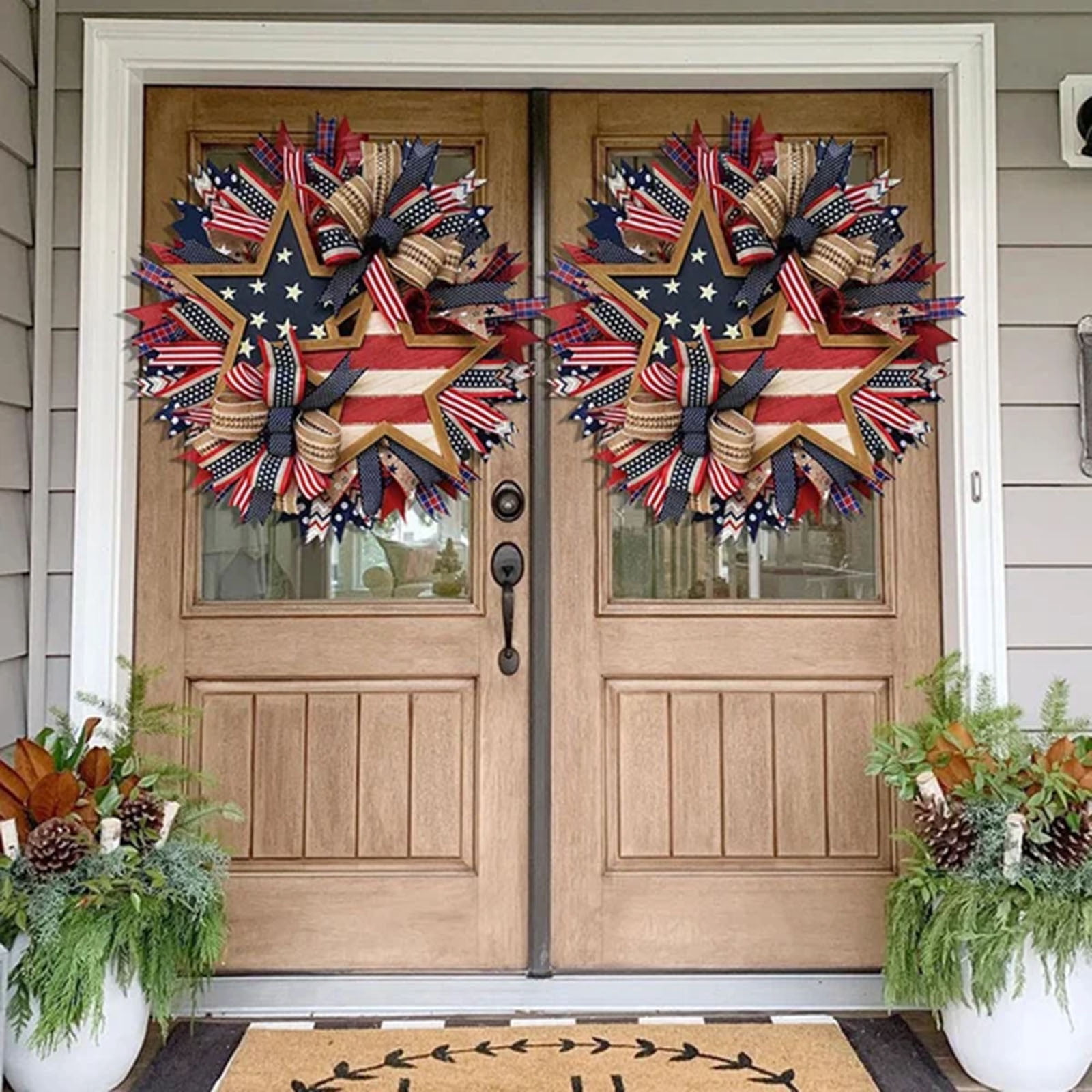 17.7 Inch Ribbon Independence Day Front Door Wreath Welcome Sign Door Hangers Anniversary Patriotic Wreath Red White and Blue 4th Of July Garland for Home Wall Porch