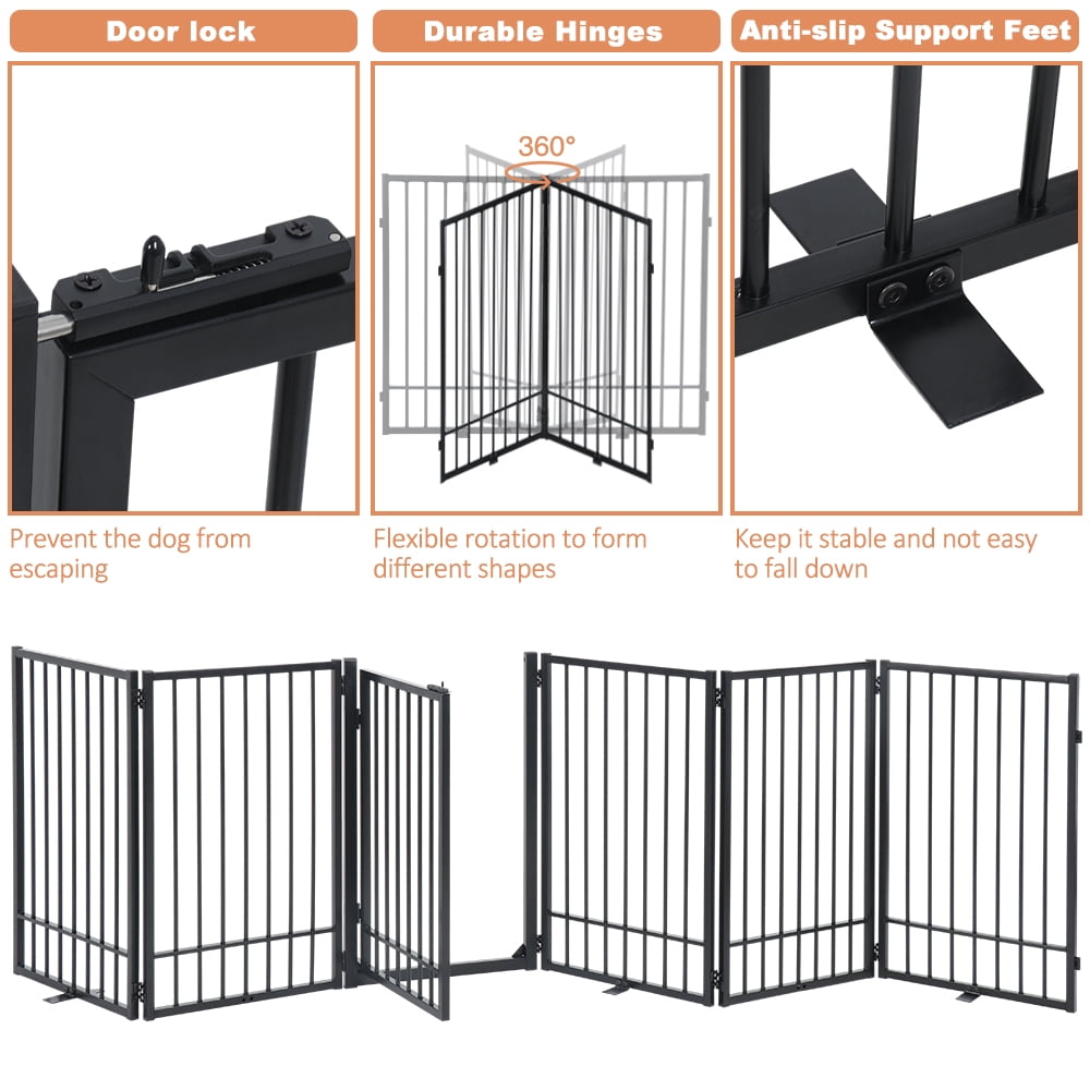 SMONTER Free Standing Dog Gate with Door Walk Through, 120'' Extra Wide Indoor Dog Fence, 31.5'' Height 6 Panels Foldable Metal Pet Puppy Gate for Stairs, Hallways, Doorway