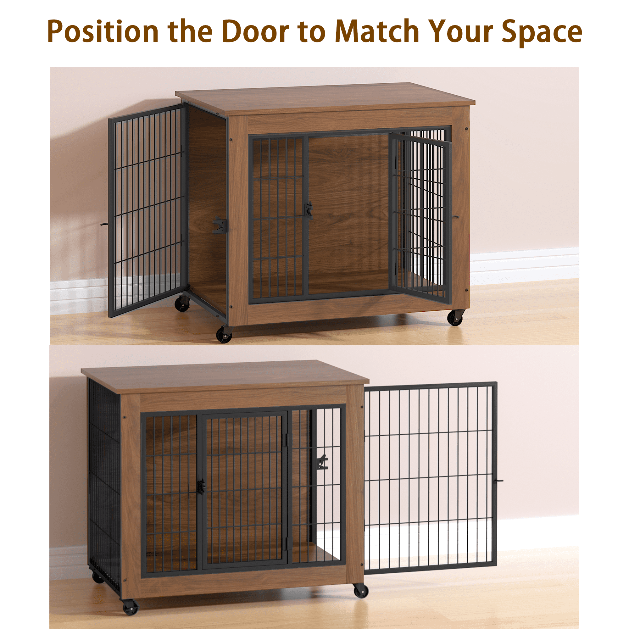 32.5" Dog Crate Furniture with Wheels for Small Dogs, Heavy Duty Dog Kennel Indoor with 2 Doors, Wooden Pet Cage End Table, Double-Doors Sturdy Metal Dog Cage for Anxiety Dog