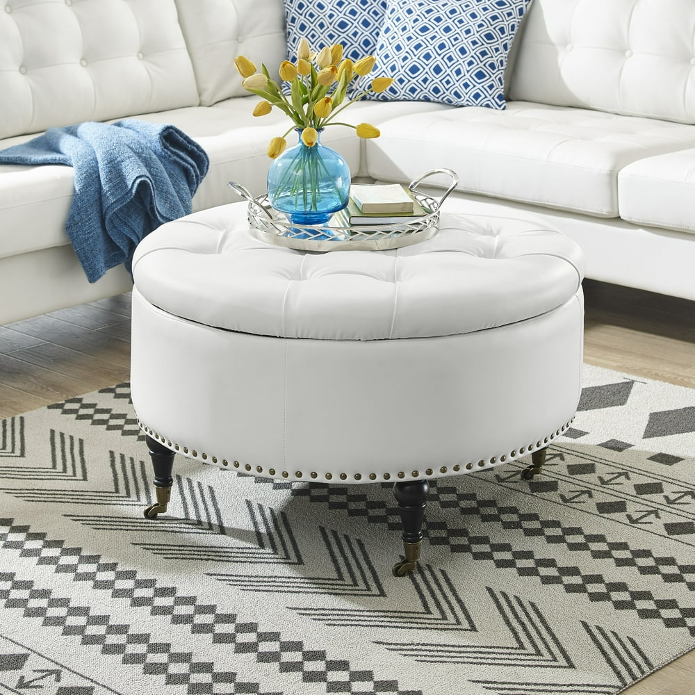 Inspired Home Celeste Faux Leather Storage Ottoman Round Tufted