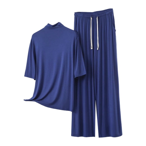 Fengactive Womens Mock Neck Lounge Set Half Sleeve Top and Drawstring Wide Leg Pants Sleepwear