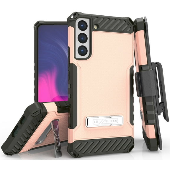 Tri-Shield Combination for Samsung Galaxy S22 5G Case, Nakedcellphone [Military Grade] Rugged Cover with Metal Kickstand [with Wrist Strap Lanyard   Belt Clip Holster] - Blush Pink