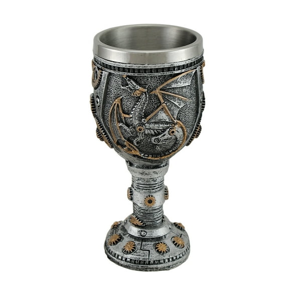 Silvered Steampunk Dragon and Gears Goblet w/Stainless Steel Liner