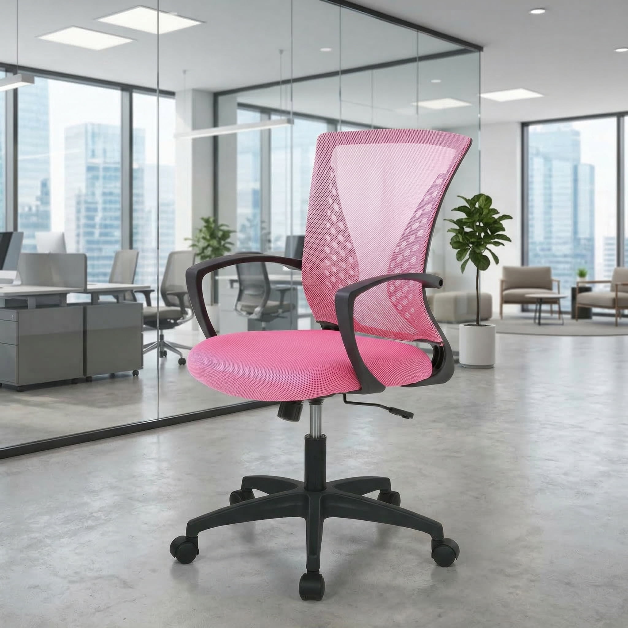 Home Office Chair - Ergonomic Mesh Desk Chair with Lumbar Support, Height Adjustable Task Chairs with Fixed Armrest, for Computer, Students, Conference, 360° Swivel, Pink