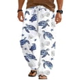 thumbnail image 2 of Beach Pants for Men Sea Turtle Print Loose Fit Elastic Waist Wide Straight Leg Cotton Linen Casual Pants with Pockets, 2 of 5