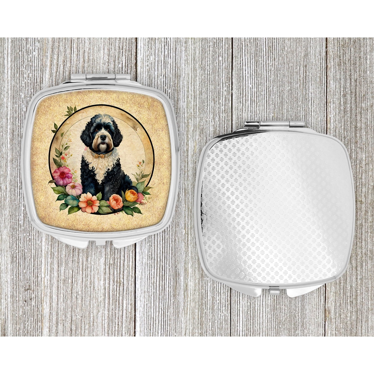 Portuguese Water Dog and Flowers Compact Mirror 2.75 in x 3 in