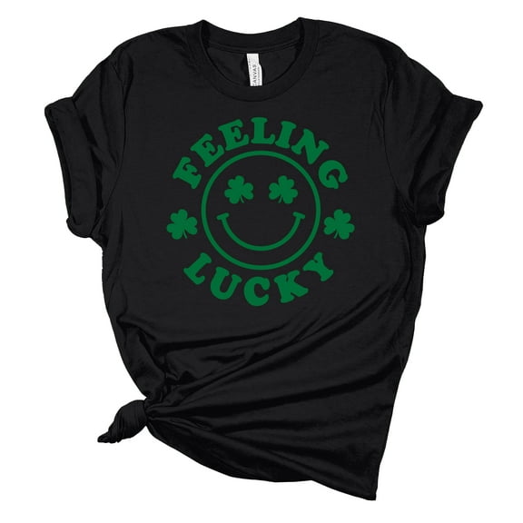 Womens Feelin Lucky Smile Shamrock St. Patricks Day Unisex Fit Short Sleeve T-shirt Graphic Tee-Black-4xl