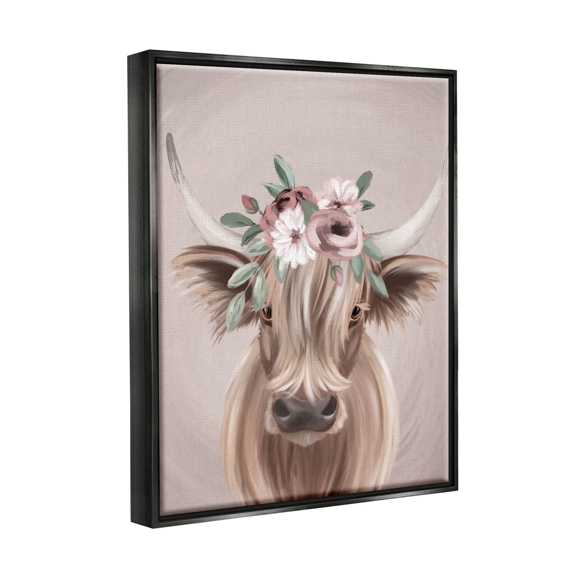 Highland Cattle Pink Flower Crown Animals & Insects Graphic Art Jet Black Framed Art Print Wall Art
