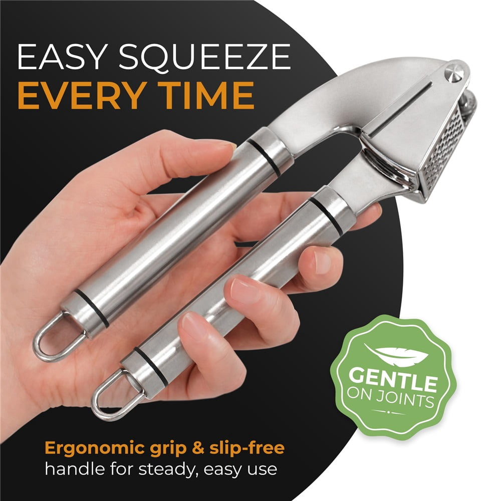 Garlic Press Stainless Steel - Premium Professional Grade Garlic Mincer, Crusher & Peeler Set - Easy Clean, Dishwasher Safe & Rust-proof
