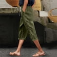 thumbnail image 2 of Pantalones capri ligeros de lino liso con cinturón y botones laterales para mujer - Pantalones cortos informales de cintura alta, 2 of 5