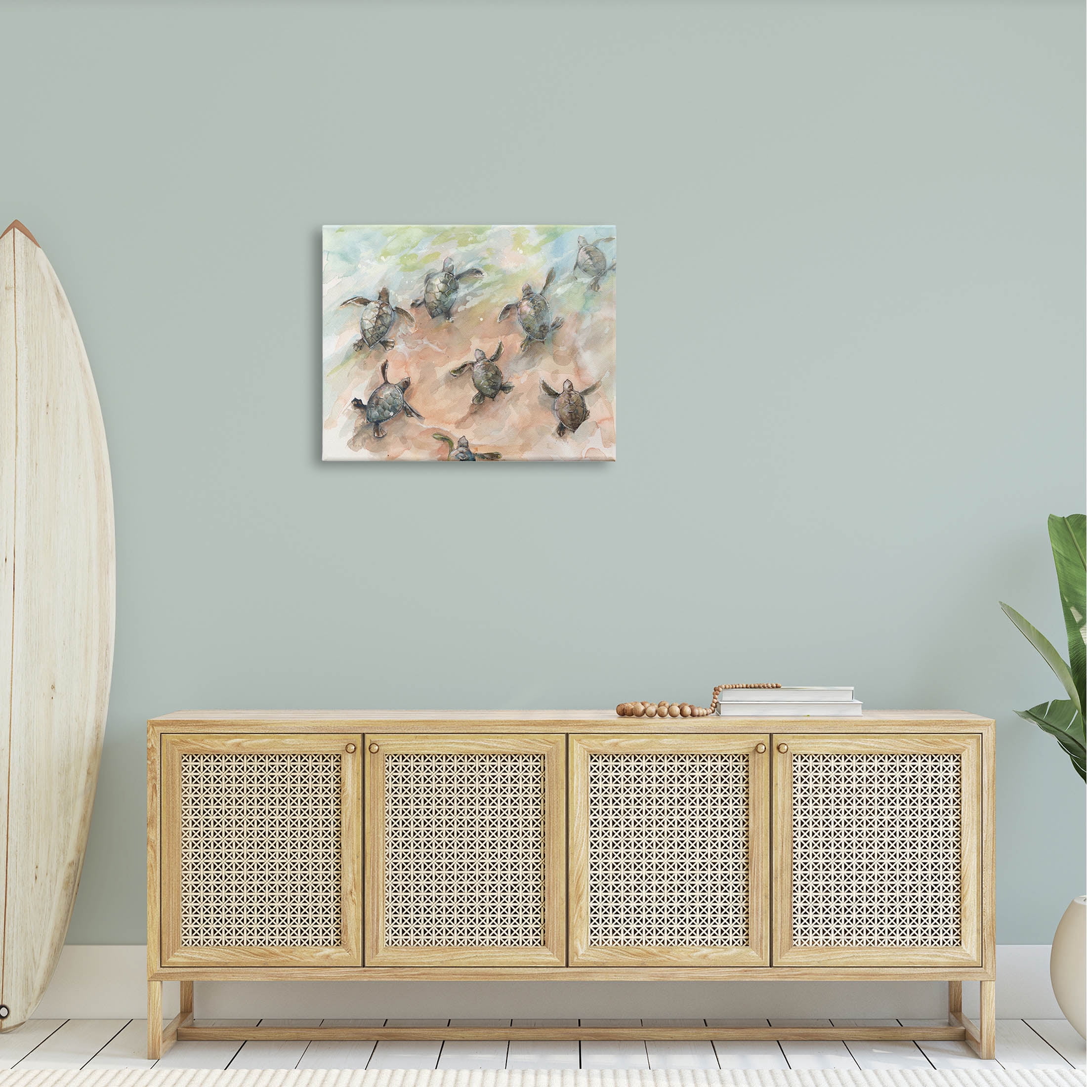 Baby Sea Turtles Swimming Shore Animals & Insects Painting Gallery Wrapped Canvas Print Wall Art