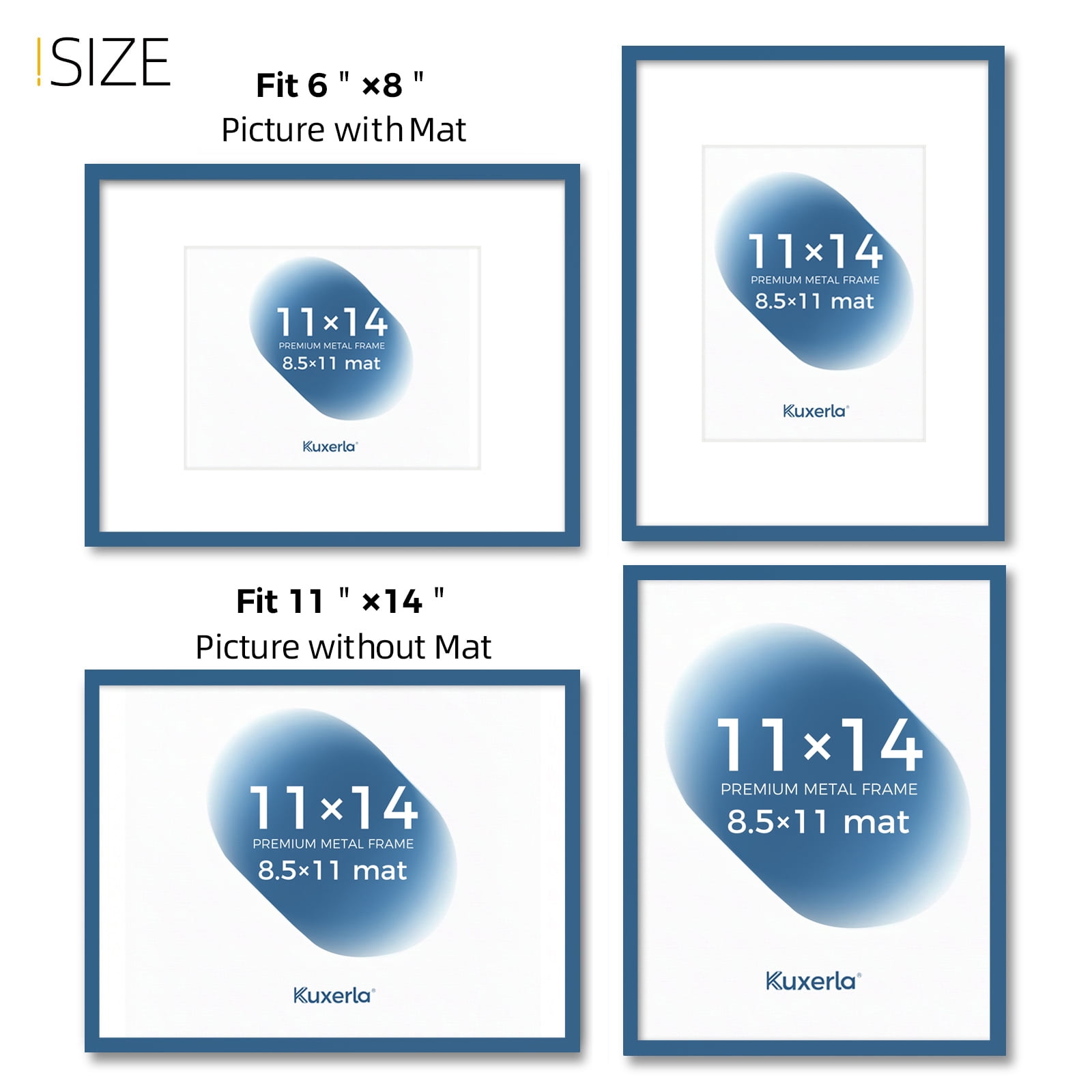 Kuxerla 2 Pack 11x14 Picture Frame Holds 8.5x11 Picture with Mat or 11x14 Picture without Mat,With Clear Acrylic Front and MDF Back Panel,Blue