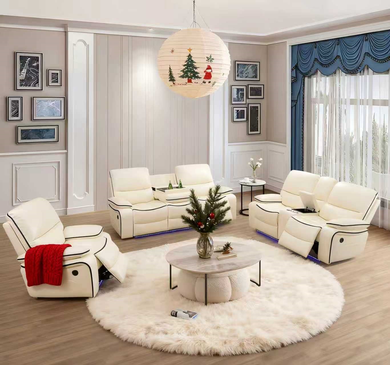 Recliner Sofa Set, Breathing Leather Living Room Furniture, Creamy White Reclining Leather Couch with USB Ports/Cup Holders/Storage Console (Creamy White-Power Recliner, Sofa+Loveseat+Chair)