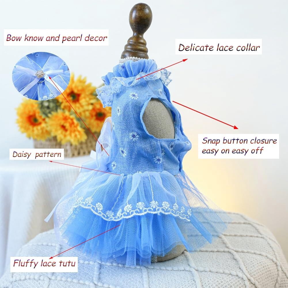 ANIAC Gray Dog Dress for Small Dogs Female,Bow Knot Girl Puppy Clothes with Detachable Pearl Necklace, Elegant Cat Dress, Formal Pet Pary Outfit for Wedding Birthday Valentines (Gray, Large)