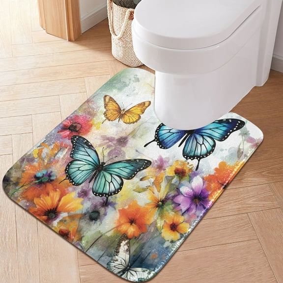 Toilet Rug U-Shaped Bathroom Rugs Non-Slip Soft Plush Machine Washable Contour Bath Mat Oil Butterflies Flying 24x20