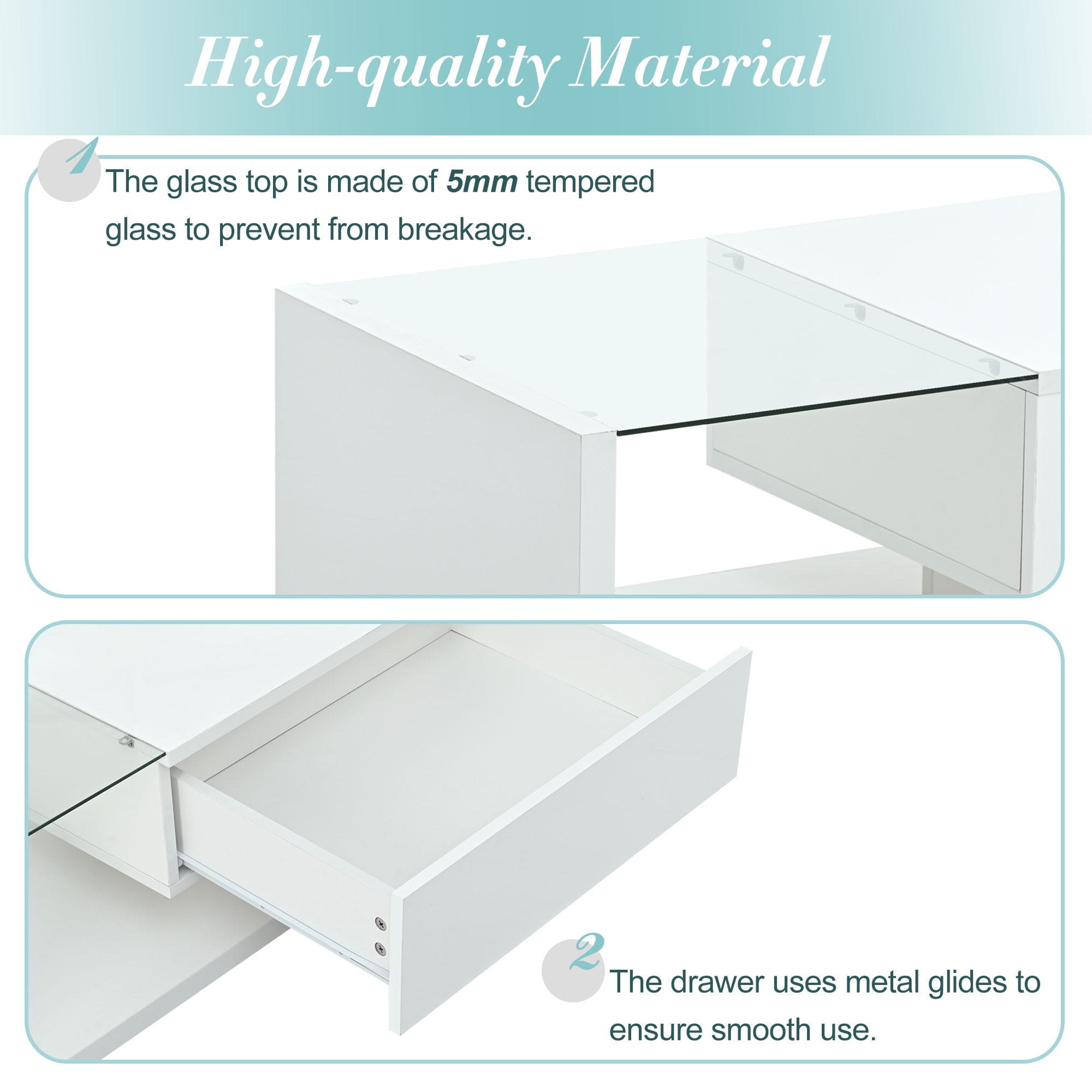 MAYEERTY Modern Coffee Table with Tempered Glass, Wooden Cocktail Table with High-Gloss UV Surface, 2-Tier Rectangle Center Table for Living Room, White