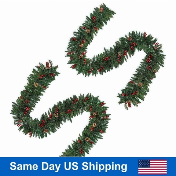 2x10FT Artificial Christmas Garland with Lifelike Red Berries - Premium Faux Pine Greenery for Indoor Outdoor Holiday Decorations