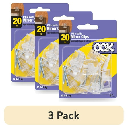 (3 pack) Ook Wide Mirror Clip Holders, Large Mirror Hangers, 20 lbs, Plastic, Screw-in, Clear, 8 pack