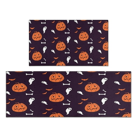 

Happy Halloween Kitchen Rugs and Mats 2 Piece Cushioned and Non-Skid Washable Floor Backing Mat for Home Kitchen Decor or Office17x29+17x47 Inch