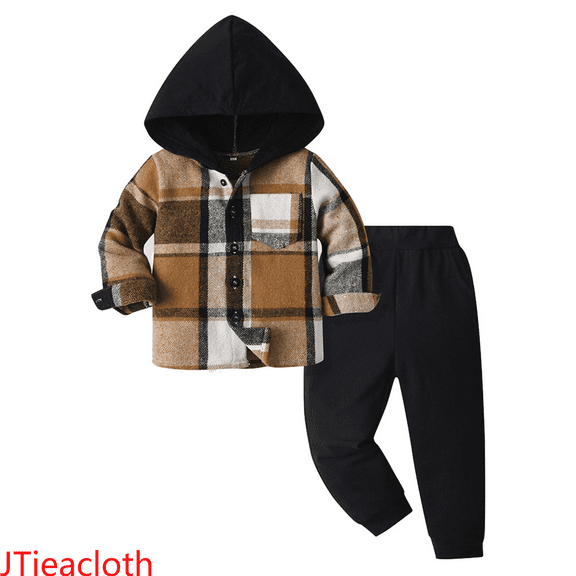 JTieacloth Fall Winter Outfits Sets Toddler Boys Girls Long Sleeve Casual Plaid Prints Hooded Tops Holiday Shirts T Shirt Pants Outfits,Sizes 18-24 Months(Black)