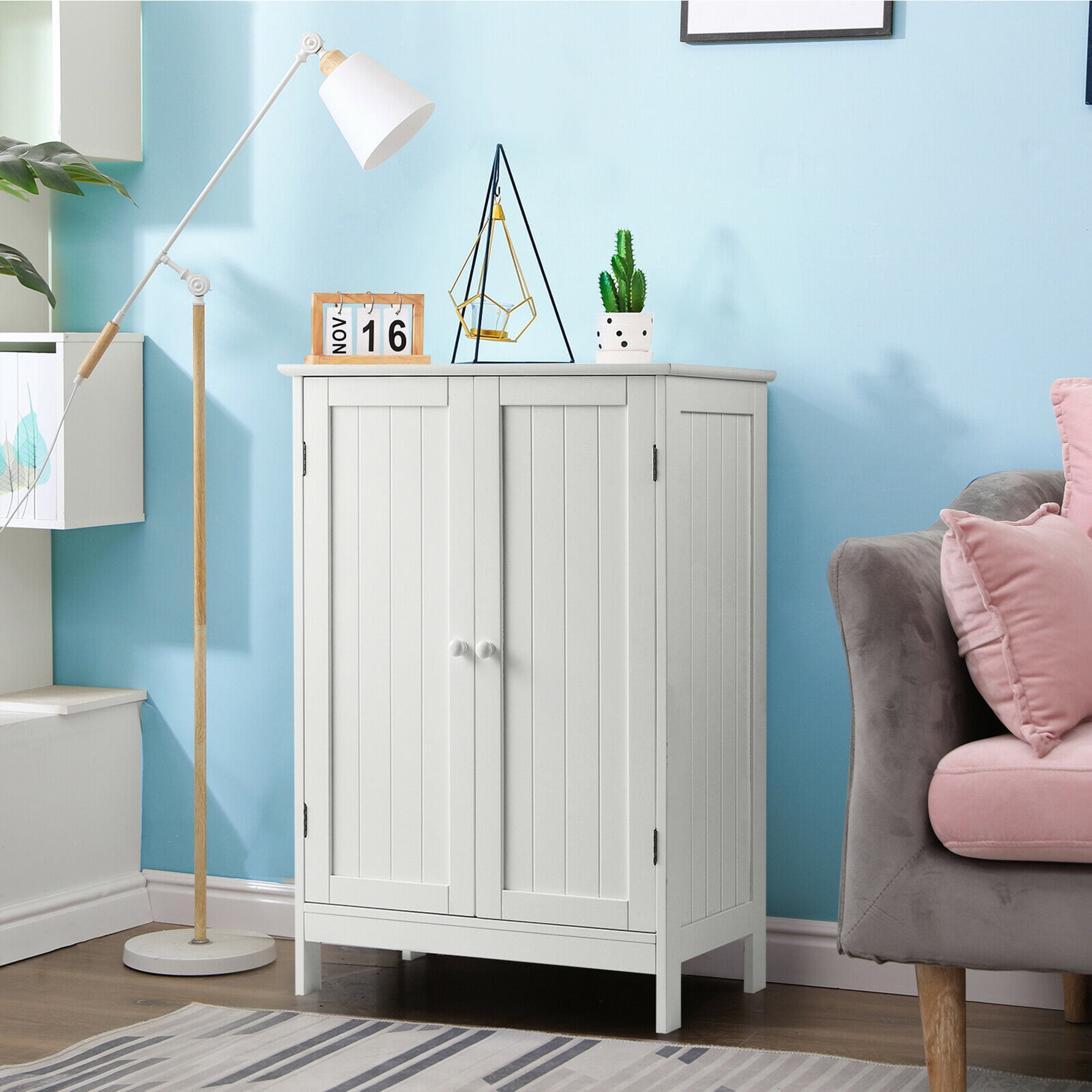 Gymax Door Kitchen Cupboard Bathroom Floor Storage Cabinet Double Shoe Cabinet White