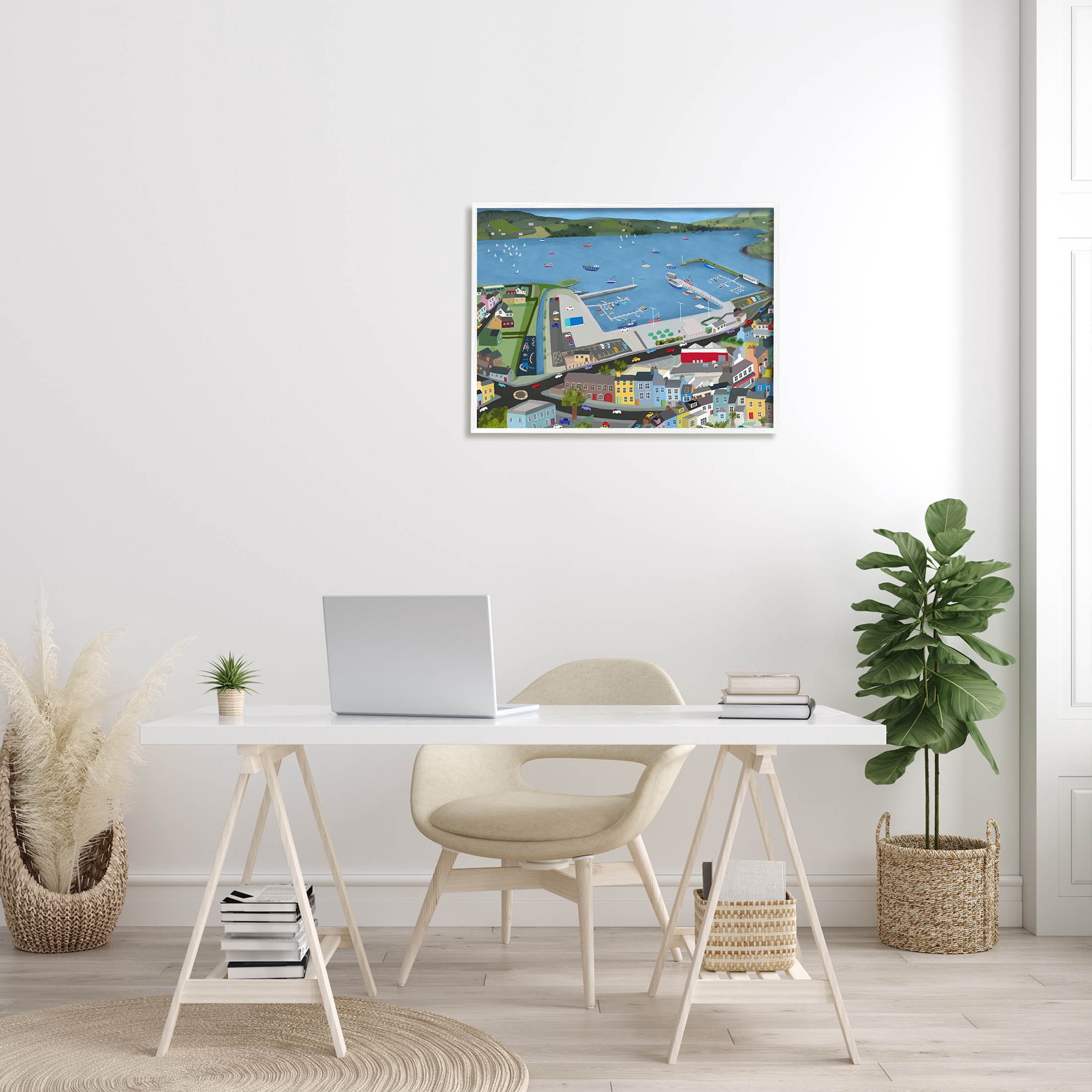 Stupell Industries Ocean Docks Suburb Streets Graphic Art White Framed Art Print Wall Art, Design by Carla Daly