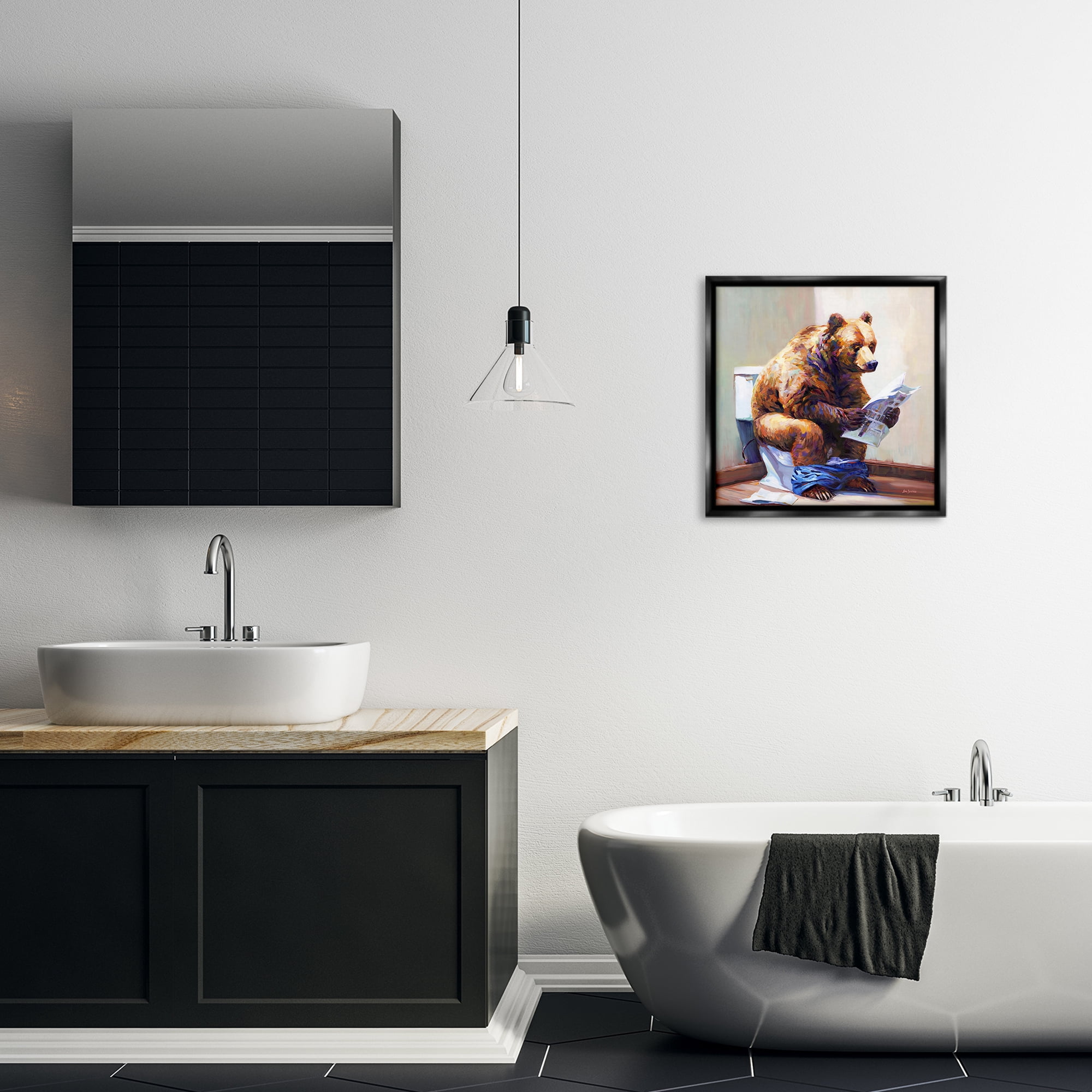 Stupell Industries Bathtub Bear with Graffiti Typography Painting Black Floater Framed Canvas Art Print Wall Art, 18 x 18
