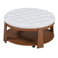 thumbnail image 2 of 2-Tier Large Round Ottoman Coffee Table For Living Room, Modern Upholstered Button Tufted Linen Footrest Ottoman With Wood Shelf Storage & Wheels, 2 of 9