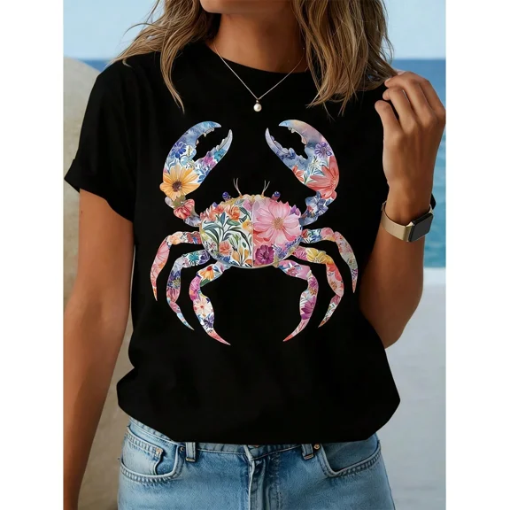 Cute Vibrant Floral Crab Graphic Tee for Women - Stylish Summer Beach Ocean Life Casual T-Shirt Top