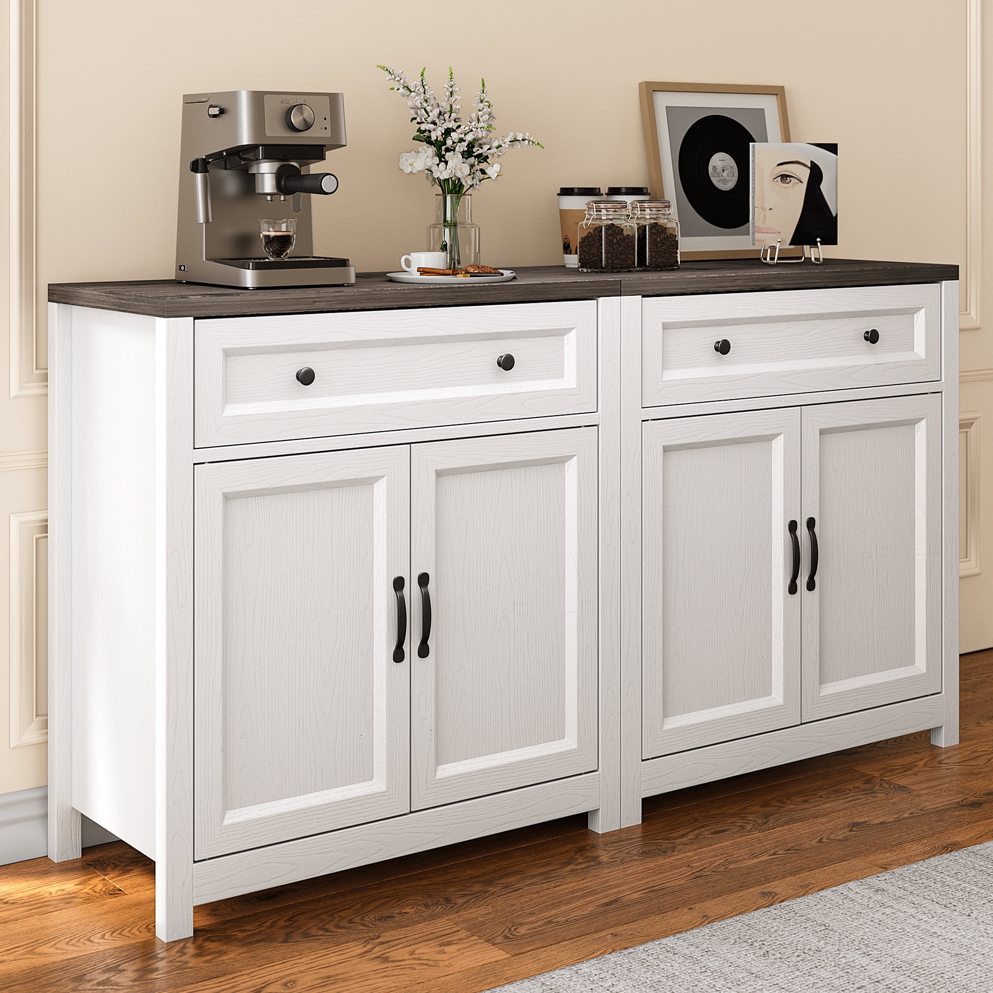 30"W Farmhouse Storage Cabinet with Barn Door - Adjustable Shelf & Large Drawer, Coffee Bar Sideboard for Kitchen, Living Room, Entryway, Gray