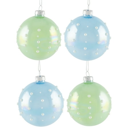 Shiny Glass Ball Christmas Ornaments with Pearl Drops - 3" (80mm) - Blue and Green - 4ct