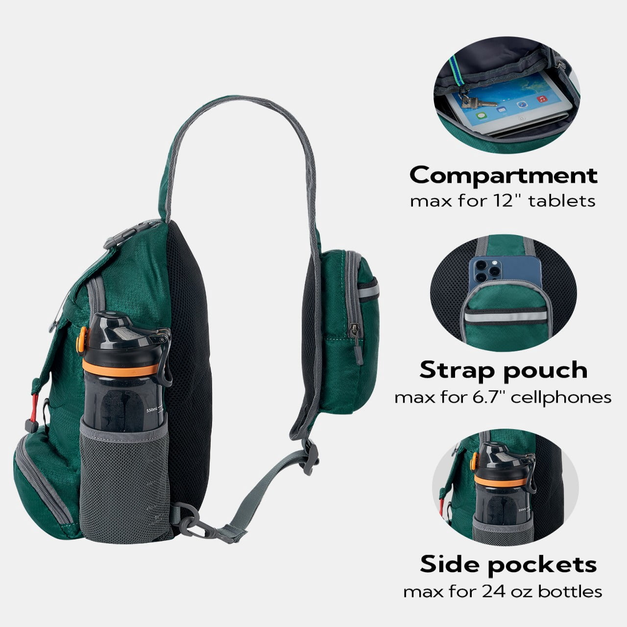 WATERFLY Unisex Small Packable Hiking Travel Sling Cross-Body Shoulder Chest Bag,Dark Green