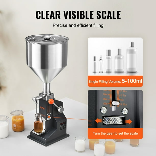 VEVOR Máquina de llenado de líquidos de pasta manual, Llenadora de botellas de 5-100 ml, Máquina de llenado de botellas ajustable, Llenadora de líquidos de acero inoxidable con tolva para leche