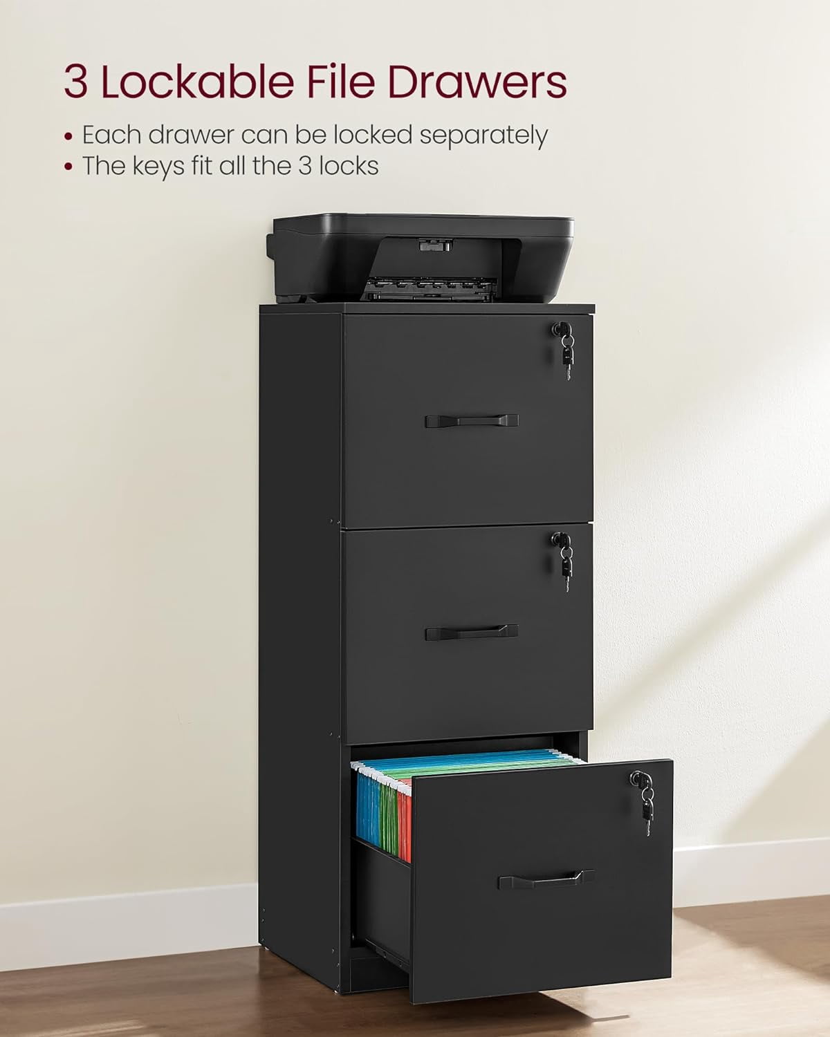 File Cabinet, Printer Stand with 3 Lockable Drawers, Adjustable Hanging Rails, For Folders,Ink Black