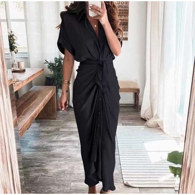 Elegant Women Dresses 2023 Summer Fashion Printed Short Sleeve Shirt Dress Vintage Waist Tie-up Button Bandage Long Dress RobeXL Gao Jinjia LED