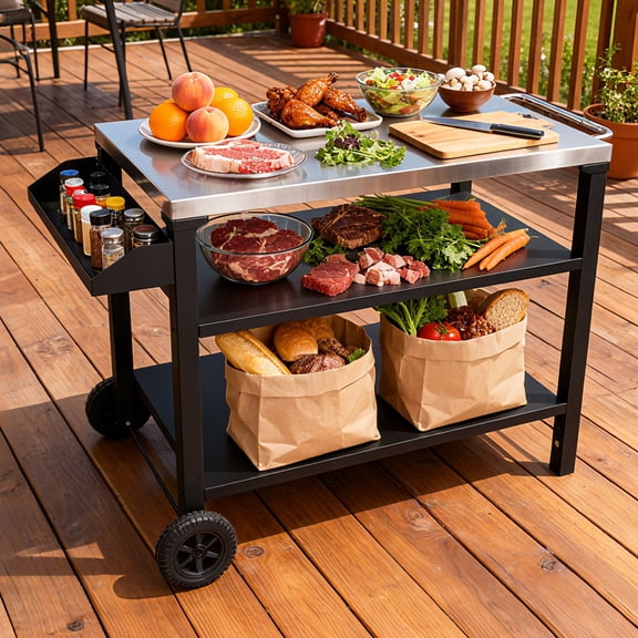 Jopath 3-Tier Outdoor Grill Cart with Stainless Steel Top Outdoor Rolling Kitchen Island with Rack Mobile Serving Cart for Patio, Yard 34.65''L x 21.65''W x 30.7''H