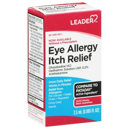 Leader Sterile Eye Drops for Eye Allergy & Itch Relief, Olopatadine HCl 0.2%, Antihistamine, Once Daily Relief from Pet Dander, Pollen, Grass, Works in Minutes, Prescription Strength, 0.0085 fl oz
