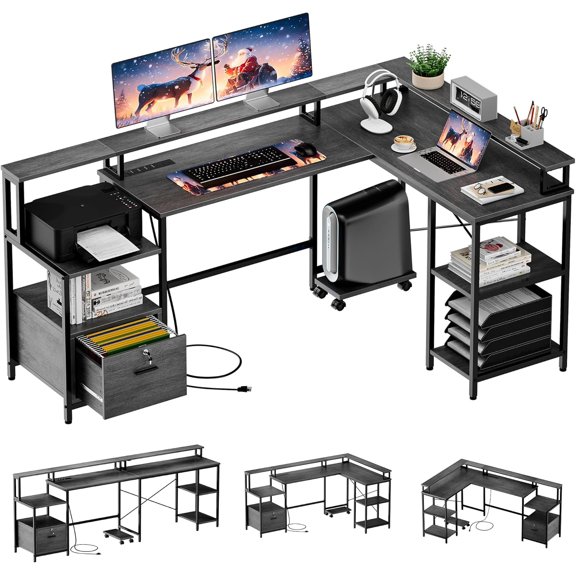 ChaoLink Escritorio para Computadora en Forma de L de 67", Escritorio para Juegos con Cajón para Archivos, Toma de Corriente, 2 Soportes para Monitor, Almacenamiento Ajustable