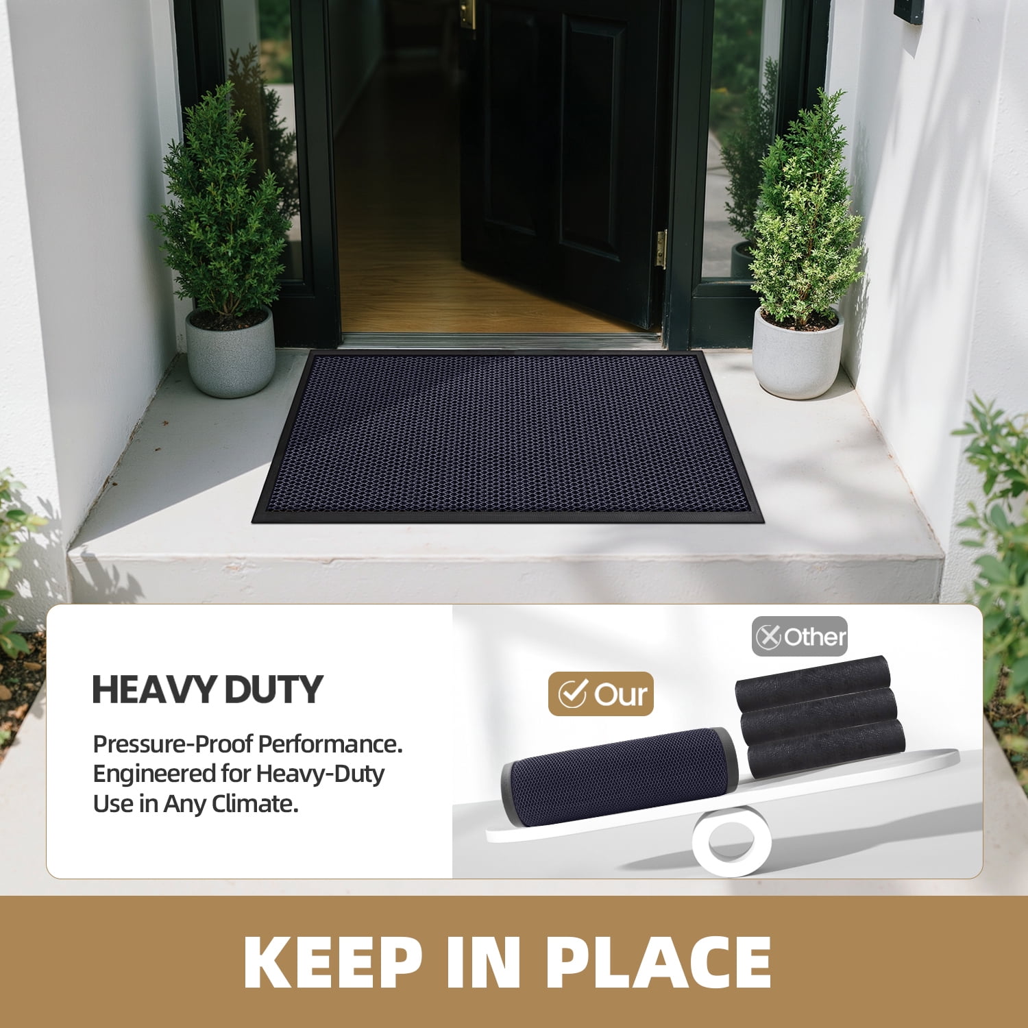 PABUBE High Stretch Elastic Silk Outdoor Doormat, Quick-Dry & Heavy-Duty Welcome Mat, Non-Slip Front Door Mat for Outside Entry, Low Pile Patio Doormat for Entry Rug, Blue, 17" x 30"