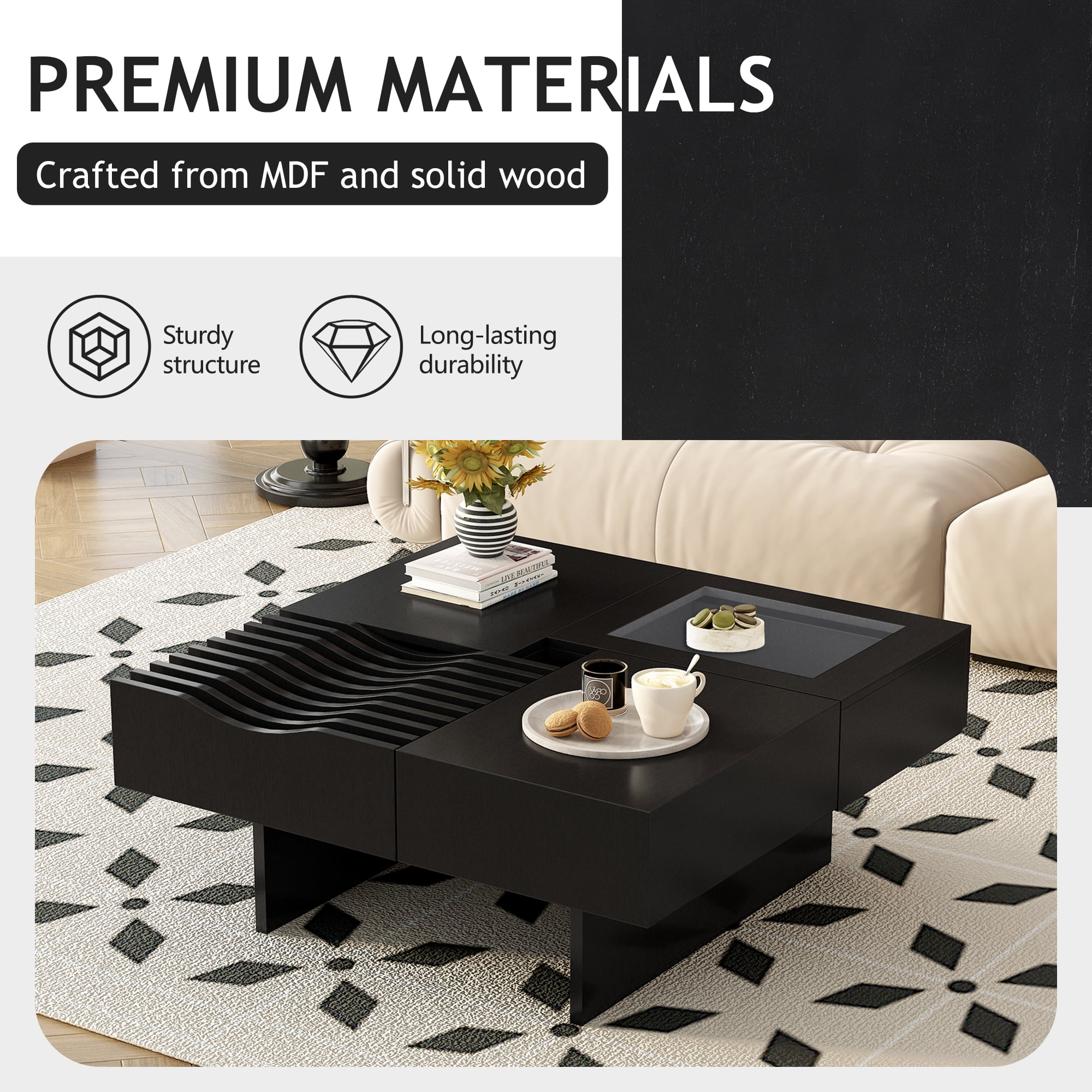 Euroco Multifunctional Square Coffee Table with Wave Design & Storage Drawers – Modern, Sturdy, Easy Assembly
