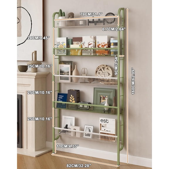 Behind The Door Bathroom Shelf Narrow 5-Tier, Space-Saving Slim Storage Shelf Narrow Shelving Unit for Bathroom and Kitchen White