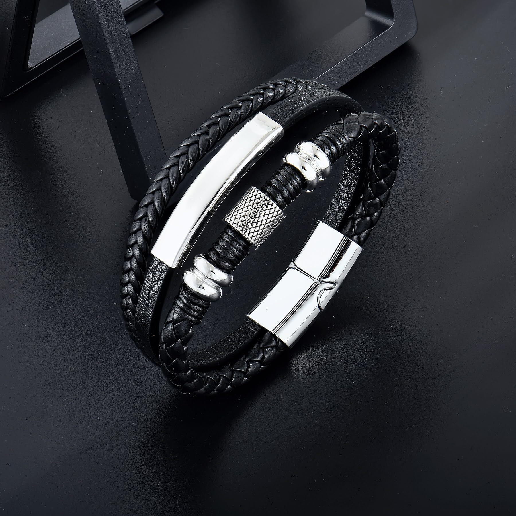 Inpasne Men's Leather Bracelet Braided Wristband Bangle Stainless Steel Bracelet Jewelry Gifts for Men Husband Dad